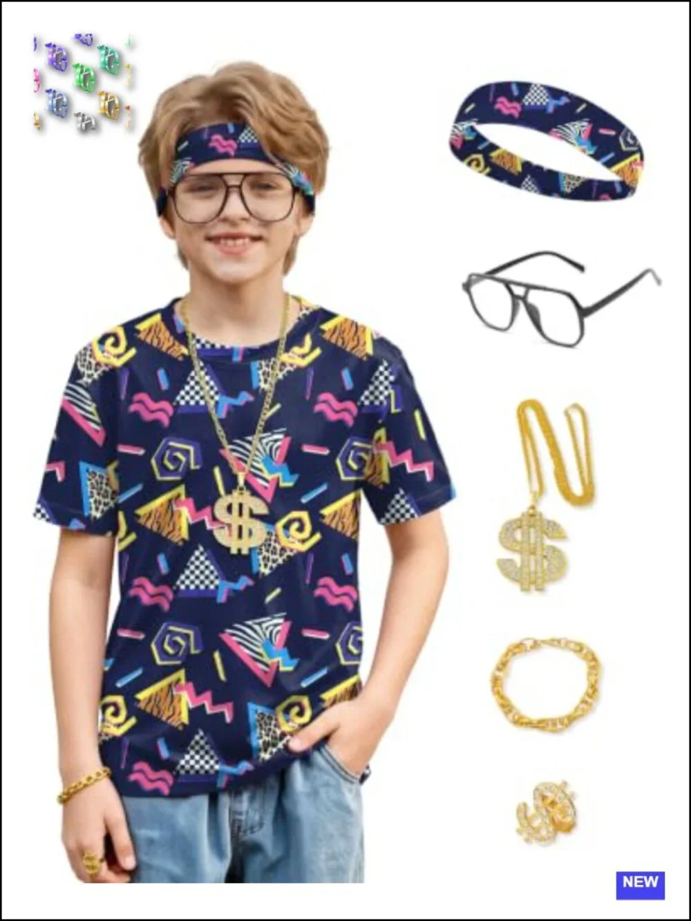 Boys 80s 90s HipHop Costume 6pcs Disco Party Outfit Geometric Print Tee Set